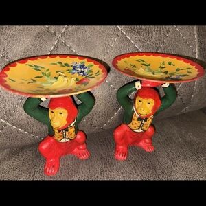 Colorful Monkey Sculptures Candle Holders Tray Dish Vintage Handpainted Rare